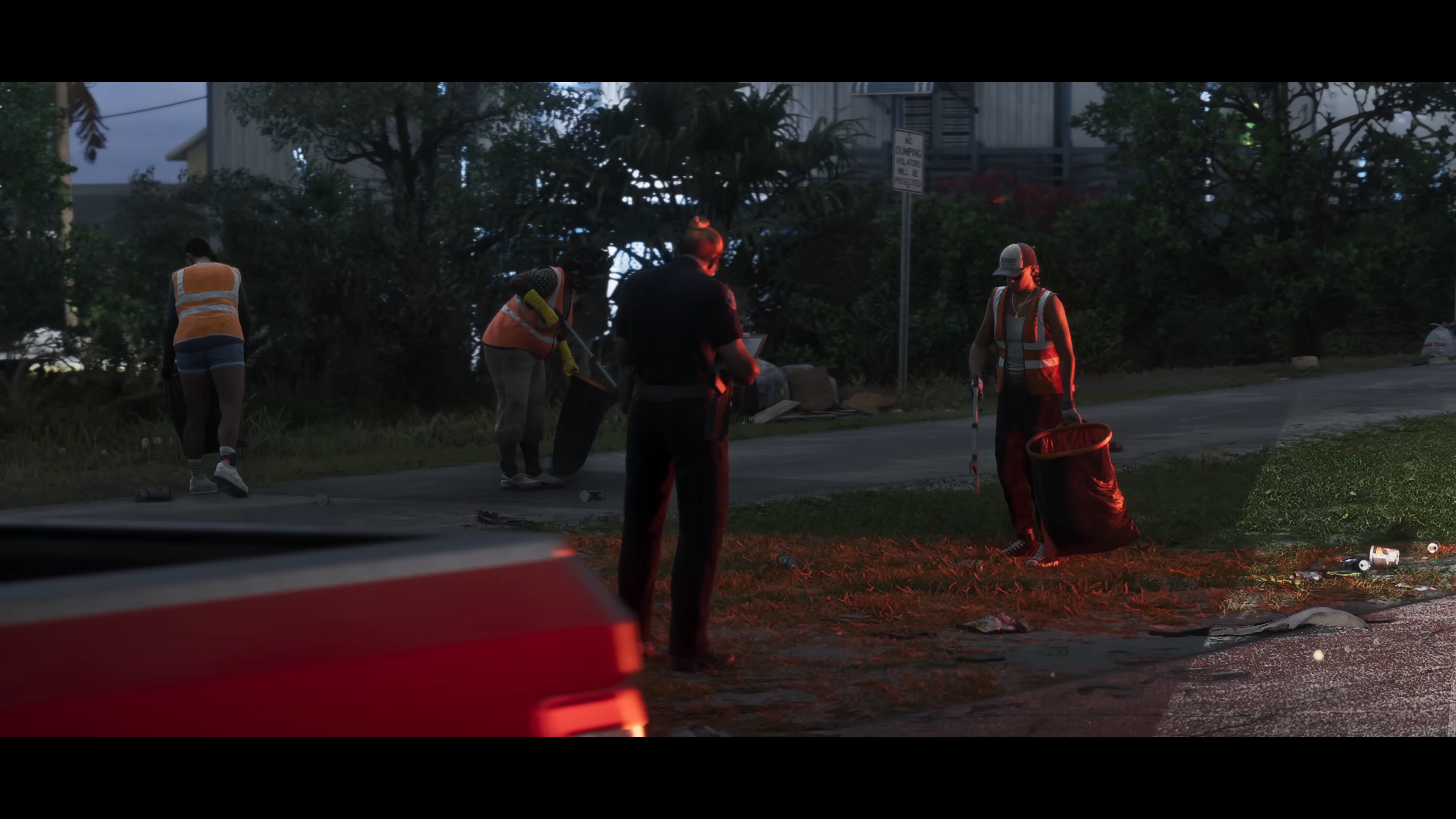 Community service in GTA 6, Lucia Caminos doing roadside cleanup in the Leonida Keys under officer supervision, tail lights sweeping across the group
