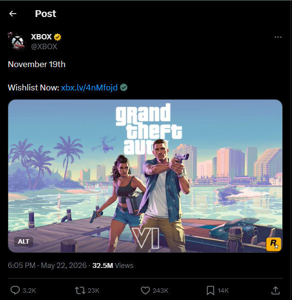 Xbox GTA 6 wishlist tweet from @XBOX confirming November 19, 2026 release date
